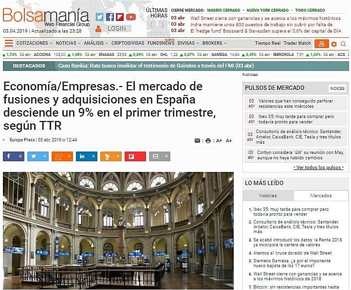 El mercado de fusiones y adquisiciones en Espaa desciende un 9% en el primer trimestre, segn TTR